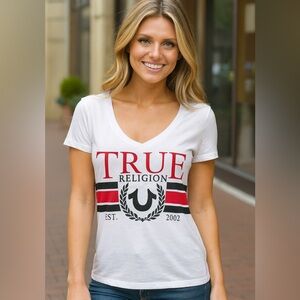 TRUE RELIGION Women's White and Red Logo V Neck Tee Size Small